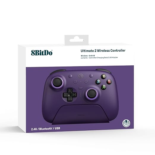 8BitDo Ultimate 2 Wireless Controller for Windows PC, Apple, Steam & Android, Gaming Controller with TMR Joysticks, Hall/Tactile Triggers, Motion Control, RGB Fire Ring, 1000Hz Polling Rate, Purple