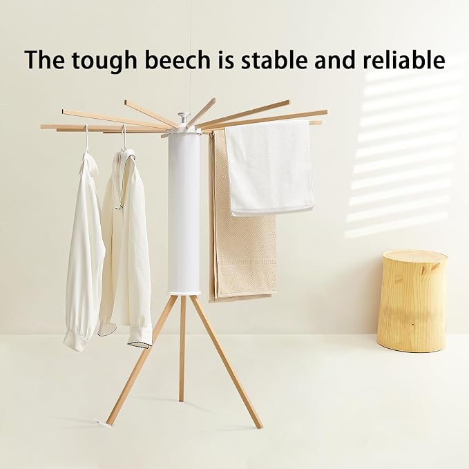 JOOM Tripod Clothes Drying Rack, Garment Rack Portable and Foldable Space Saving Laundry Drying Rack - Drying Rack Clothing 12 Rods Wooden