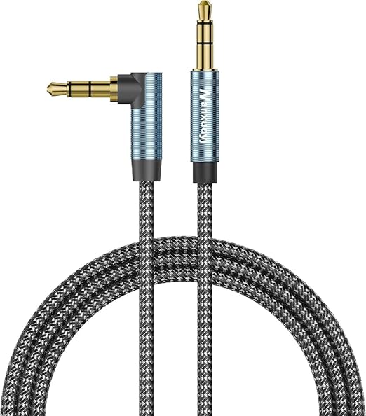 12ft 90 Degree Aux Cord, Tangle-Free Cotton Braided Male to Male TRS Right Angle Audio Cable with 24K Gold Plated Connectors, Compatible with Car, Headphones, Speakers, PS4, Xbox