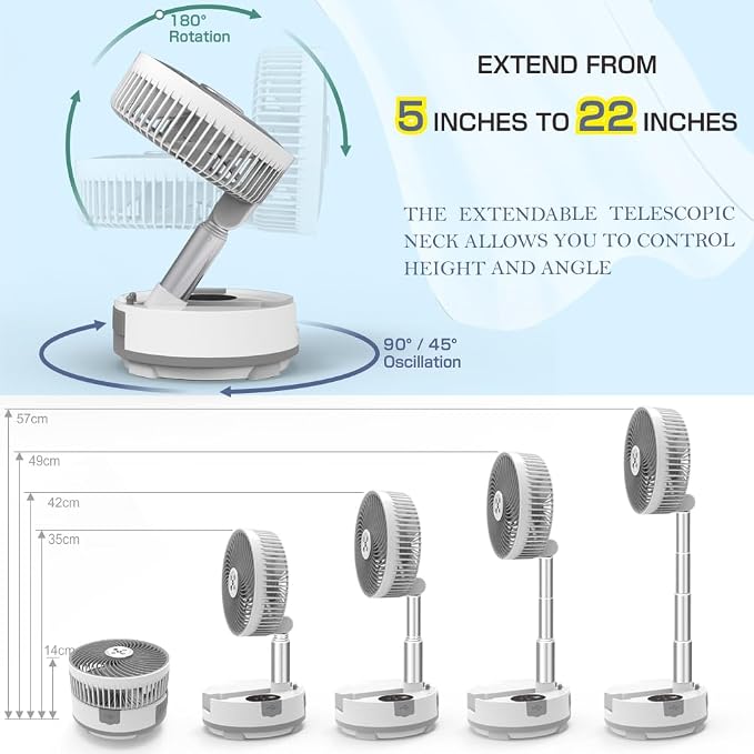 Foldable Oscillating Pedestal Fan with Remote, 8" USB C Rechargeable 20000mah Battery Fan with LED Colorful Lights, Portable Floor Standing Fan Camping Fan for Bedroom Office Travel White