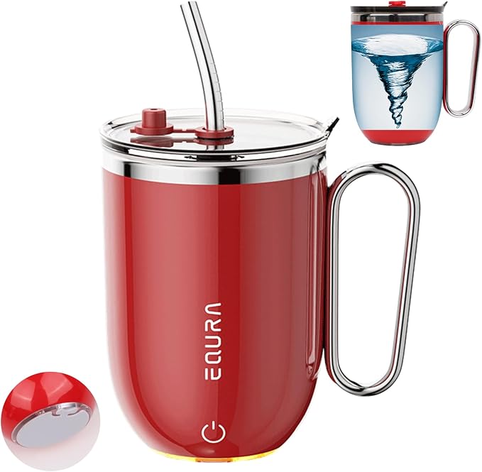Self Stirring Mug - 4-Color Temp Display Magnetic Electric Auto Mixing Stainless Steel Cup with Straw & Lid For Office/Kitchen/Home/Coffee/Milk- 14.2oz/420ml(Red)