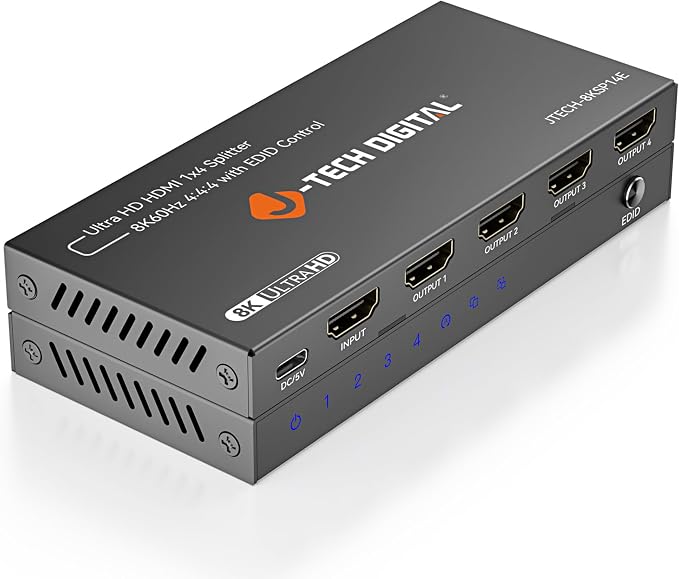 J-Tech Digital 8K HDMI Splitter 1 in 4 Out, HDMI 2.1 1x4 Splitter 8K@60Hz 4K@120Hz 1080P@240Hz, Duplicate/Mirror Screen 3 EDID Modes with Downscaling HDCP 2.3 [JTECH-8KSP14E]