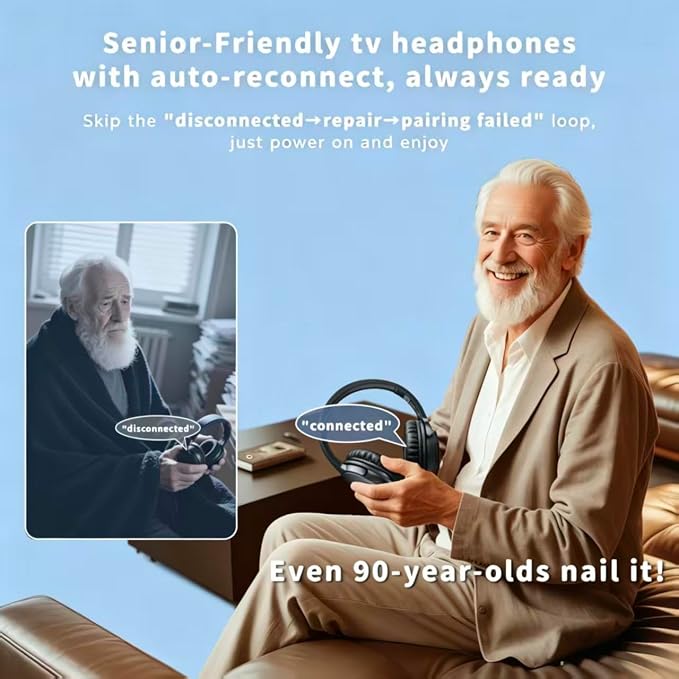 Holdsound Wireless Headphones for TV, BKM700 Over-Ear Wireless TV Headphones with Extension Transmitter, Auto-Pairing,Low Latency,165 ft Long Range, 40 Hrs Battery, Loud Clear Sound for Seniors