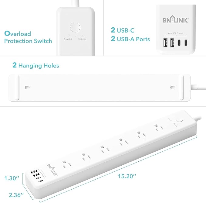 BN-LINK Smart WiFi Power Strip Surge Protector, 6 Individually Controlled Outlets, 4 USB Ports with 20W USB-C Fast Charging, Alexa & Google Home Compatible, App Timer Control