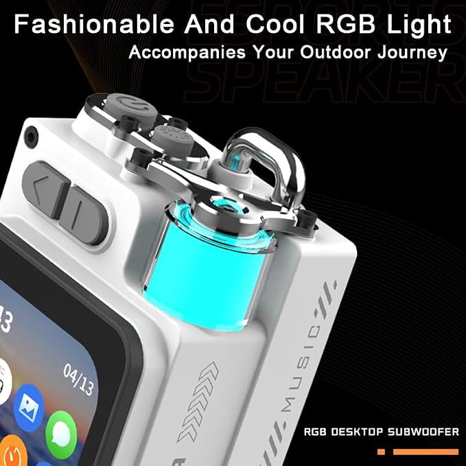Wireless Bluetooth Speaker Mini, 2-Inch Screen Rgb Subwoofer, Small Speaker Portable with Alarm Clock, Weather, Calendar ,6H Battery, Metal Pendant Waterproof Large Hd Sound Pocket Stereo (White)
