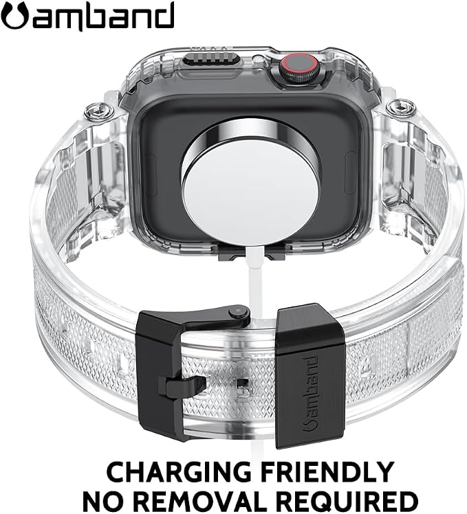 amBand Bands Compatible with Apple Watch 9/8/7 45mm, M1 Sport Series Rugged Case with TPU Strap Military Protective Tough Cover Bumper for iWatch SE3/SE2/SE/6/5/4 44mm Men Clear, Fathers Day Gift