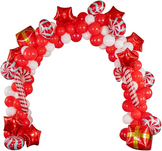 Restaurantware-Balloonify Christmas Balloon Arch Kit, 1 Holiday Decoration Kit - 138 Balloons, With Chain, Red And White Latex Balloon Arch Kit, Includes Glue Dots, Ribbon, Knot