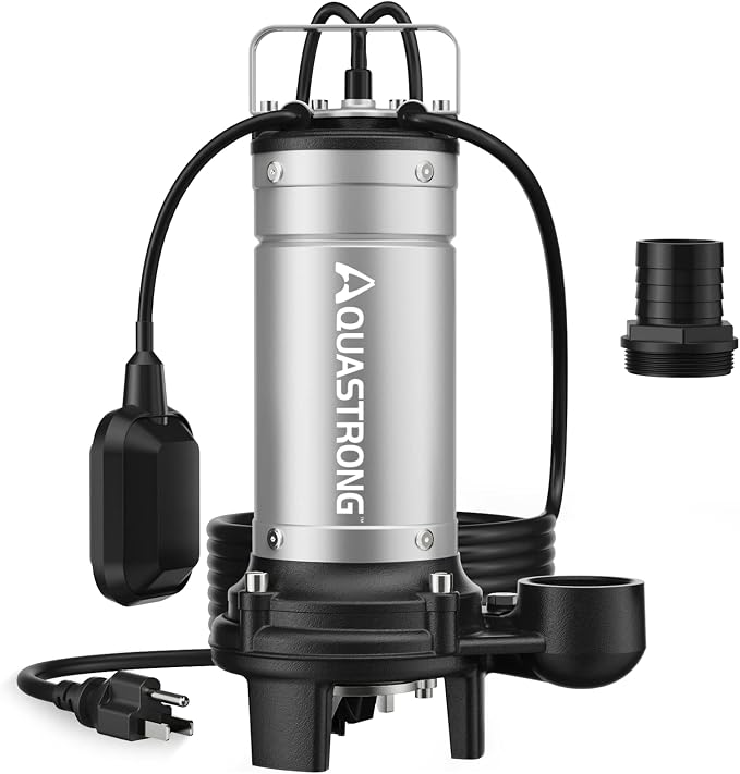Aquastrong 1HP Sewage Grinder Pump, Stainless Steel, 115V Automatic Float Switch, Cast Iron Impeller, Submersible Effluent/Sewage Pump for Sump Basin, Basement 2'' NPT Discharge, Gray