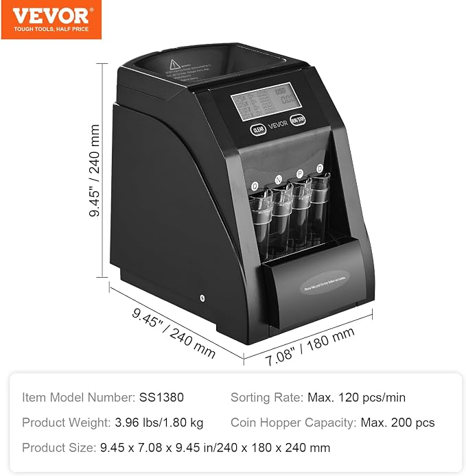 VEVOR USD Coin Sorter, Coin Counter Machine for ¢1 ¢5 ¢10 ¢25 Coins, LCD Screen Display, Coin Sorter and Wrapper Machine with Thicker Coin Tubes and Tray, Holds up to 200 Coins
