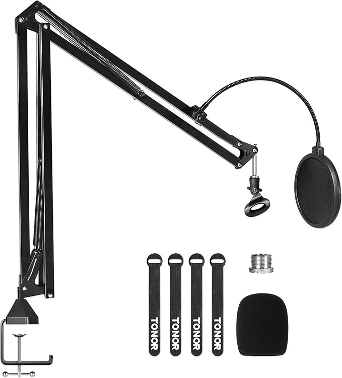 TONOR Microphone Arm Stand, Adjustable Suspension Boom Scissor Mic Stand with Pop Filter, 3/8" to 5/8" Adapter, Excellent Compatibility, Mic Clip, Upgraded Heavy Duty Clamp, 47 cm + 47cm, T30