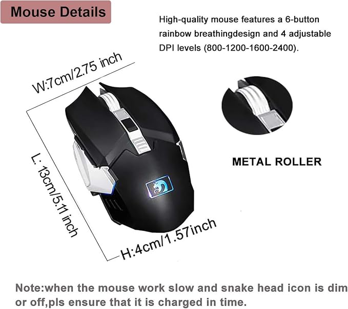 Gaming Keyboard and Mouse Combo, 2.4Ghz Wilress Keyboard with LED White Backlit 104-Key Full Size Ergonomic and Optial Mice for PC/Laptop