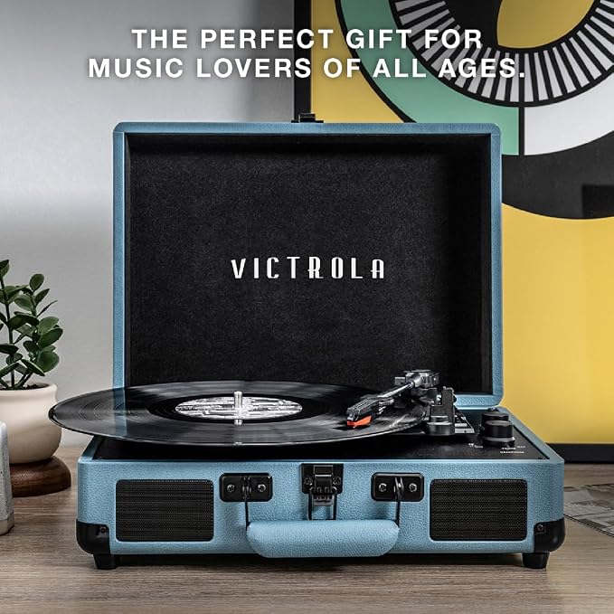 Victrola Journey Bluetooth Portable Suitcase Record Player – with Built-in Speakers, 3 Speed Vinyl Record Player, RCA Out, Headphone Jack (Turquoise)