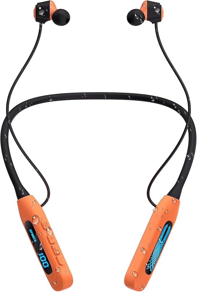 JL&MI Neckband Bluetooth Headphones, Wireless Sport Earphones with 80-Hour Battery and LED Display, Bluetooth 5.4 Magnetic Earbuds, Comfort Fit for Running, Gym, Travel (Orange)