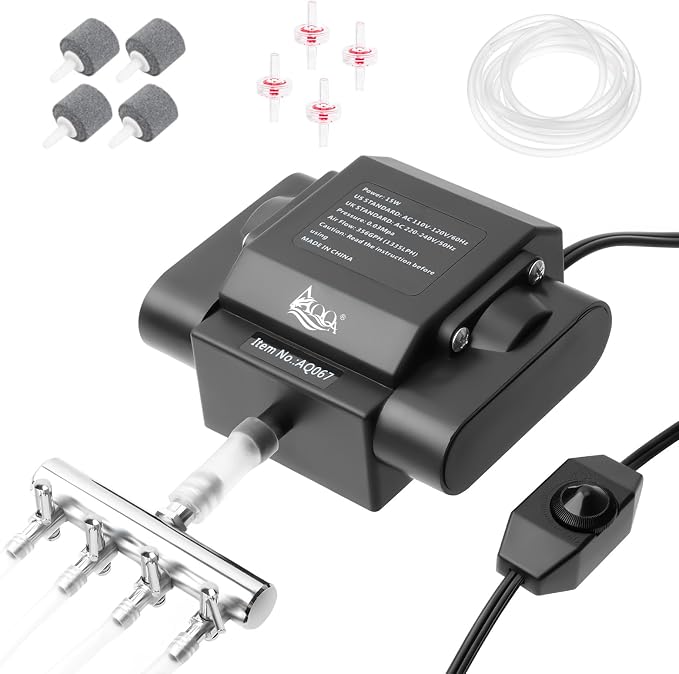 AQQA Aquarium Air Pump Powerful Pond Aerator Oxygen Pump 4 Outlets Adjustable Hydroponic Air Bubbler Pump with Air Stone Tube Air Valves for Up to 1000Gal (15W,356GPH)