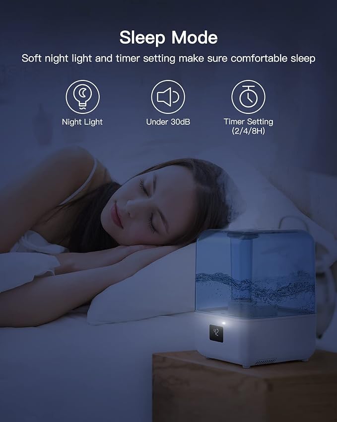MORENTO 4.5L Top Fill Cool Mist Humidifier for Bedroom, Large Room, Home with 360 Nozzle, Auto Shut-Off, Humidity Setting, 50Hrs Runtime, Night Light, White