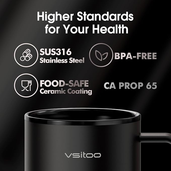 Vsitoo S3 Plus 14oz Self Heating Coffee Mug with Auto-Sensing AI - Smart Rechargeable Heated Mug, Temperature Control 120-150℉, IPX7 Waterproof, Coffee Warmer Gift for Women Men - Black