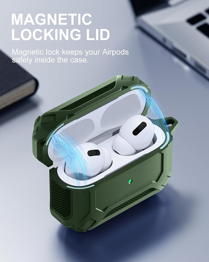 Lerobo for AirPods Pro 2 Case with Cleaner Kit,Hard Protective Cover Compatible with Apple AirPods Pro 2nd/1st Generation with Keychain, Powerful Drop Protection, Magnetic Lid,Cyber Series, Green