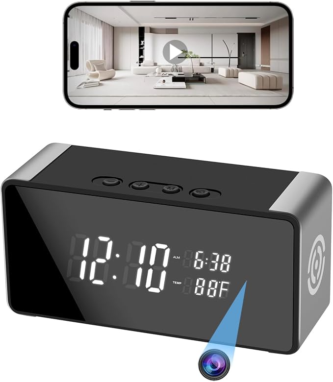 WiFi Hidden Camera Clock - Nanny Cam with 150° Wide-Angle Lens, Night Vision & Motion Detection, Wireless Indoor Hidden Camera for Home Security Monitoring