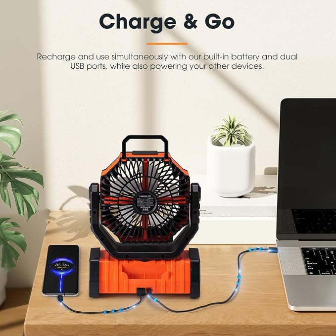 SAN HIMA Battery Powered Camping USB Desk Fan - 20000mAh Rechargeable Battery Operated, with LED Light, 4 Speed Oscillation, 360° Rotation, Hanging Hook, Cordless, for Tent, Outdoor