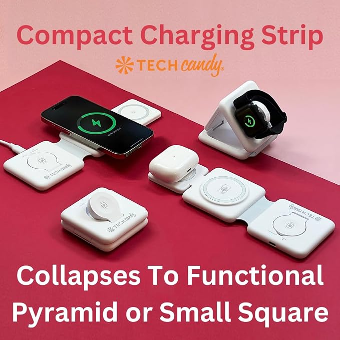 Tech Candy The Three Way Charging Valet Wireless Charging Pad - Charge 3 Devices at Once, Compact, Qi Charger for Travel, Foldable, 20W, Fast, for Phones, Ear Buds, Smart Watches