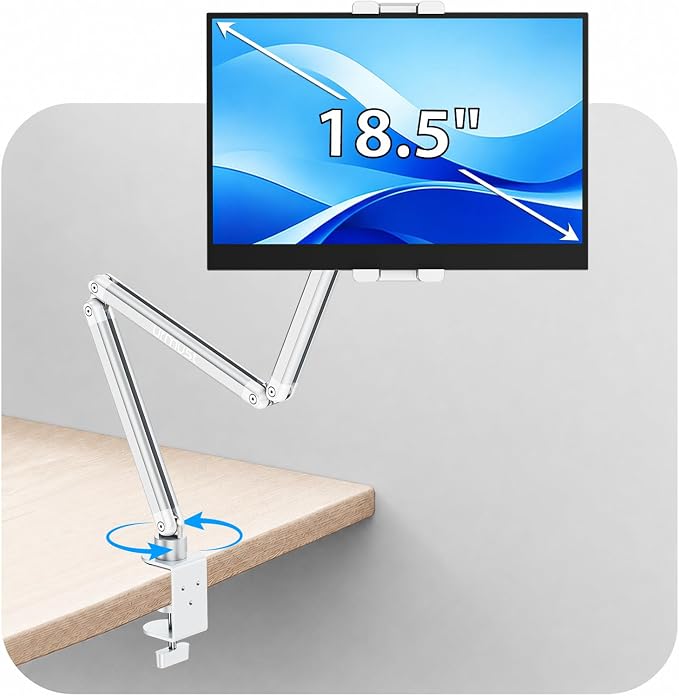 Urmust Portable Monitor Stand 15.6", iPad Stand for Desk, Portable Monitor Holder up to 18.5" Adjustable Desktop Tablet Arm Mount, iPad Holder for Desk, for 4.7"-12.9" i Pad Pro/Air/Mini Silver