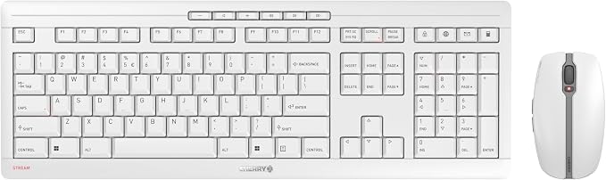 CHERRY Stream Desktop, Wireless Keyboard & Mouse Combo, 2.4 GHz Connection, Quiet Keys, Slim Design, Comfortable Writing, Battery-Powered, QWERTY, White-Gray