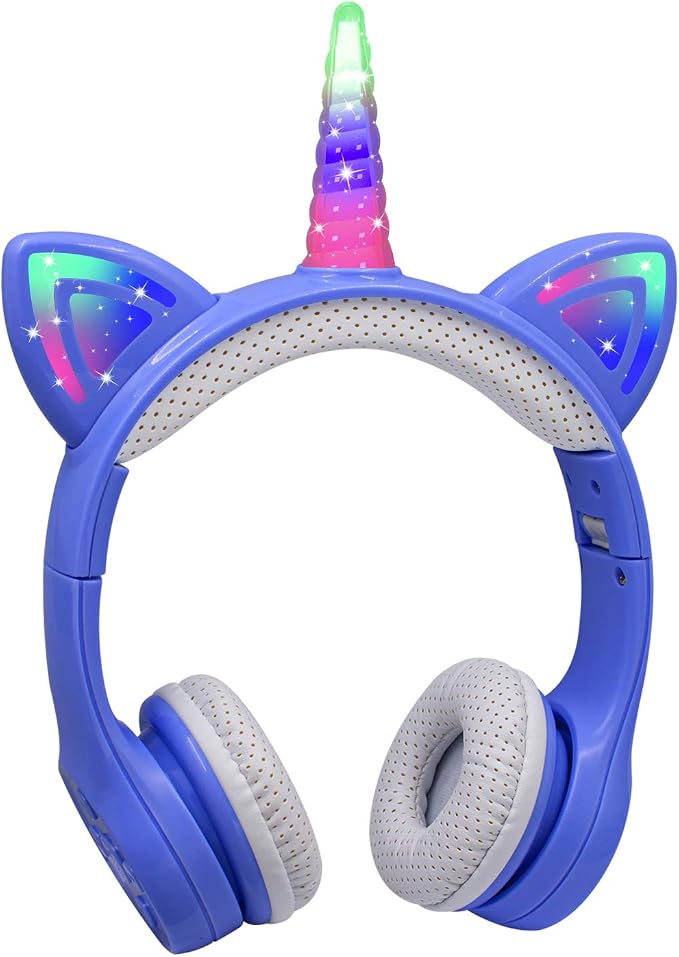 Unicorn Kids Bluetooth Headphones,15 Hours Play time, Toddler Bluetooth Headphones for Girls Boys Laptop Phones,Led Light Up Kids Wireless Headphone for Birthday Travel School Gifts (Blue)