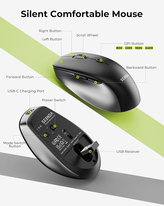 seenda Wireless Bluetooth Keyboard Mouse Combo, COE401 Rechargeable Silent Keyboard Mouse Compact Slim, 3 Multi-Device Connection, Compatible for Windows/Mac PC Laptop MacBook iPad, Black Gray