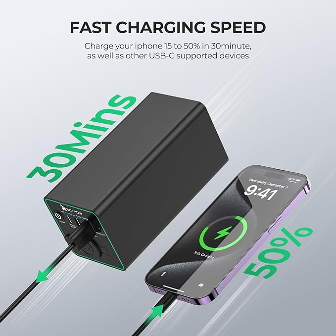 RoyPow 30W PD Portable Charger with 12V 10A Constant Voltage Cigarette Lighter Socket, 86.58Wh USB C Laptop Power Bank, 18W QC & 12V DC Battery Pack, Perfect for Dash Cam or Camping(Upgraded Version)