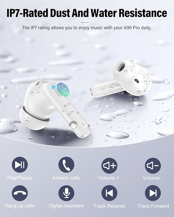 Wireless Earbuds, Bluetooth 5.4 Headphones Bass Stereo, Ear Buds with Noise Cancelling Mic, LED Display in Ear Earphones Clear Calls, IP7 Waterproof Bluetooth Earbuds for Phones/Sports/Laptop, White