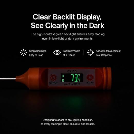 AI Bluetooth Candy & Meat Thermometer with HB Negative LCD, Smart Alerts via App (Type-C Rechargeable) Digital Instant Reading for Candy Making, BBQ, Deep Frying, & Liquids, 8" Long Probe,CT200-BT