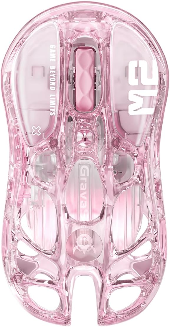 GravaStar Mercury M2 Wireless Gaming Mouse with 26,000 DPI, PAW3395DM Sensor -79g Lightweight Hollowed-Out Design -5 Programmable Buttons -5 Dynamic Lightsync RGB (Crystal Rose)