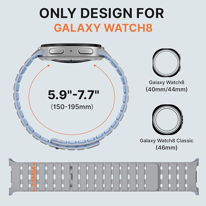Bandletic Magnetic Band Compatible with Samsung Galaxy Watch 8 40mm 44mm / Watch 8 Classic 46mm 2025, No Gap Soft Breathable Silicone Replacement Strap for Men Women, Light Gray/Ice Blue