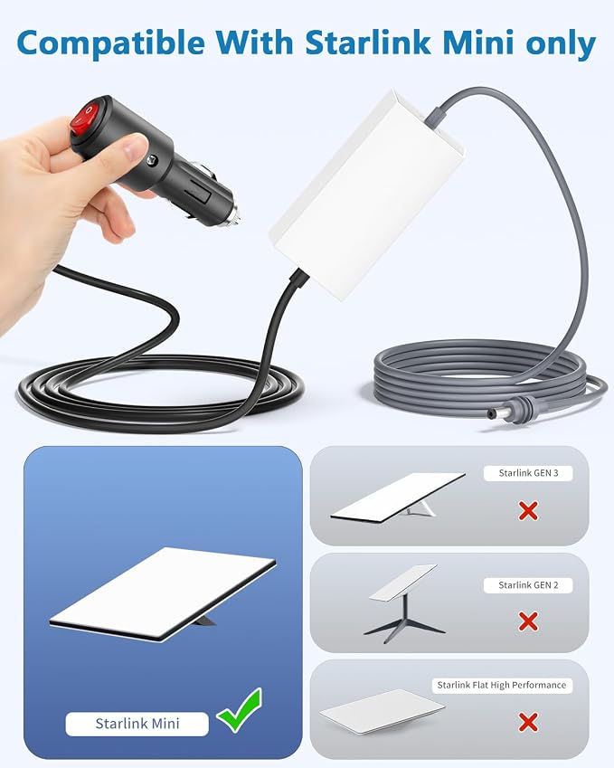 Starlink Mini 12V Car Adapter Power Supply 30V Step Up Converter Adapter | 2M Waterproof DC Power Cable,Cigarette Lighter Adapter with Switch,12V to 30V Step Up Converter No Voltage Drop 60W Output