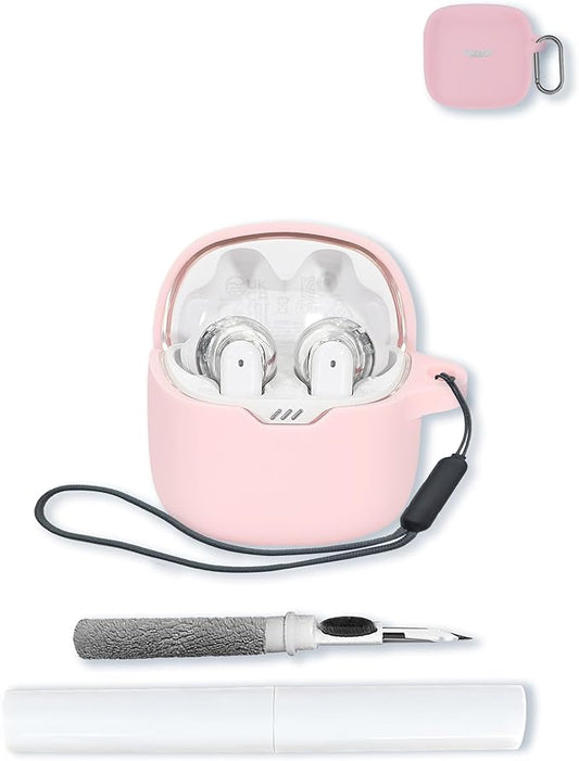 Case for JBL Tune Flex - True Wireless Noise Cancelling Earbuds,Soft Protective,BOVUGAC Silicone Case Cover with Keychain & Cleaning Kit & Lanyard for JBL Tune Flex Earbuds-Pink