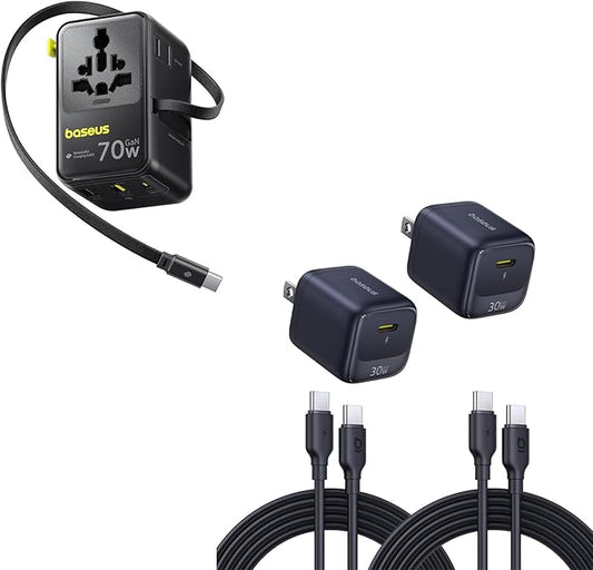Baseus 70W Universal Travel Adapter, 6-in-1 International Plug Adapter with Retractable Cable & Baseus 30W USB C Charger Block, 2 Pack Fast Charger Type C with USB-C Cable