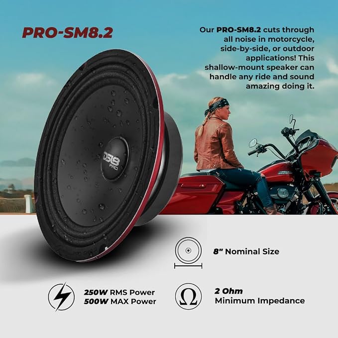 DS18 PRO-SM8.2 8" Slim Loudspeaker – 8”, Midrange, Red Steel Basket, 500W Max Power, 250W RMS, 2 Ohms - Premium Quality Audio Speakers – IP66 Water Resistance, Perfect for Motorcycle Applications