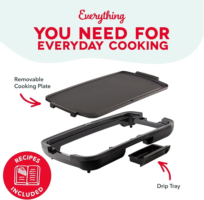Dash Deluxe Everyday Griddle - Electric Griddle with Removable Plate - Nonstick, Easy-Clean Surface & Anti-Slip Base - Recipe Book Included - Black
