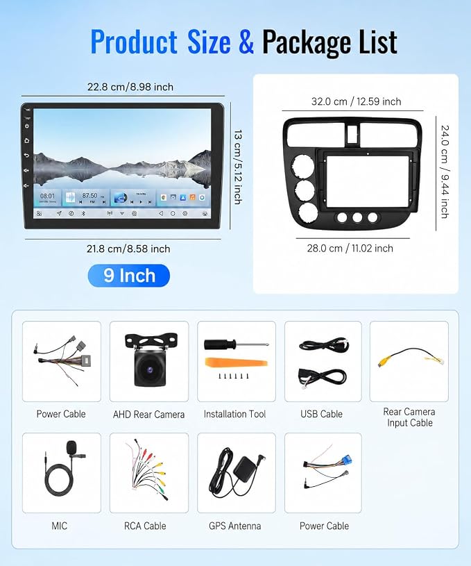 8-Core 4G+64G Car Stereo for Honda Civic 2001-2005, 9-Inch 1280P QLED Touchscreen Car Radio with 5G WiFi Wireless Carplay Android Auto DSP Bluetooth5.1 GPS Navi SWC Backup Camera