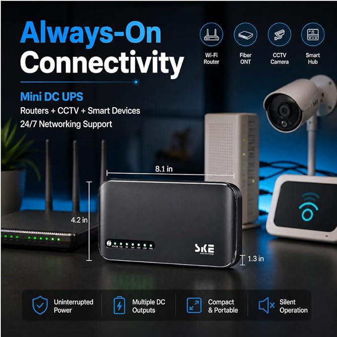 SKE DC20000 Plus Altair - Mini DC UPS 20000mAh Battery Backup & Surge Protector for Router & Modem - Compact, Portable Uninterruptible Power Supply with 5V/9V/12V Outputs, USB & Type-C Charging, WiFi