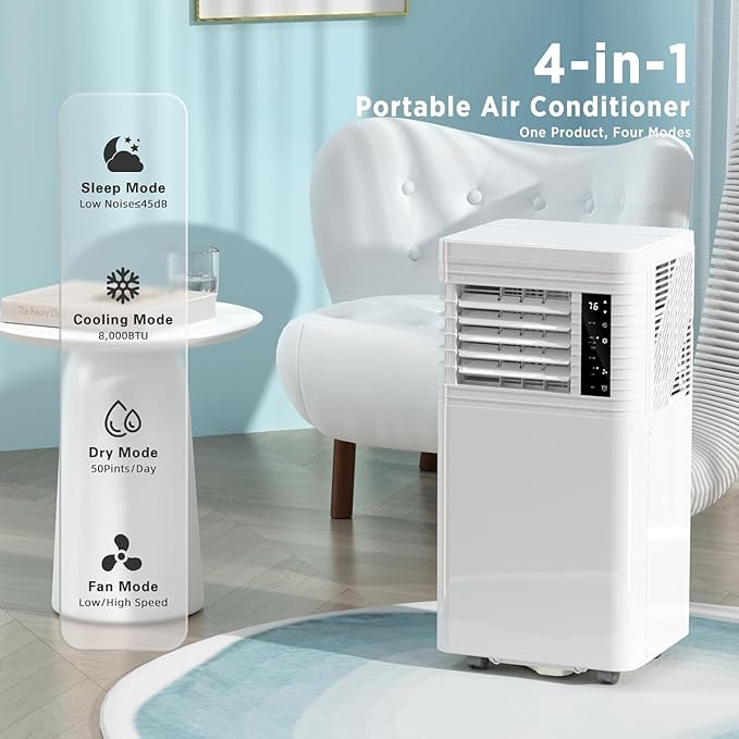 COWSAR 8,000 BTU Portable Air Conditioners Cool Up to 350 Sq.Ft, 4 Modes Portable AC with Remote Control/LED Display/24Hrs Timer/Installation Kits for Home/Office/Dorms, White