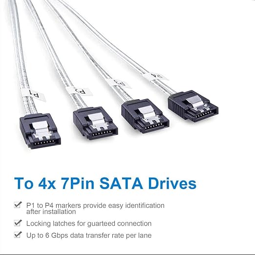 10Gtek MiniSAS SFF-8087 Fan-Out Cable Breakout to 4xSATA, 6Gbps High-Speed Cable for RAID Controllers, Servers & Storage Enclosures, with Latch, 0.5-m(1.6ft)