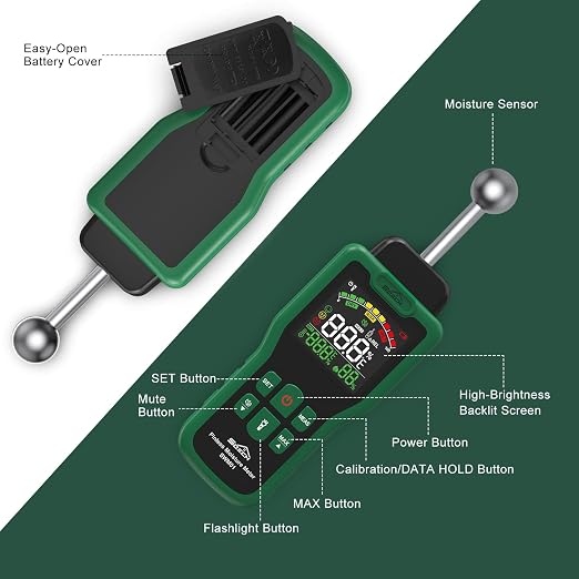 Moisture Meter, SQECH Pinless Moisture Meter with Thermometer, Flashlight, Alarm, Multifunctional Wood Moisture Meter with Color LCD, for Walls, Wood, Masonry, Caravans, Apartments