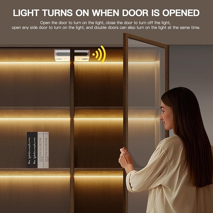 12V COB LED Strip Light,6 -in-1 Door Sensor Control LED Under Cabinet Lighting,3.3Ft 3000K Warm White Shelf Lighting Strip for Wine Cabinets, Shoe Racks, Display Cabinets, Kitchen Cabinets