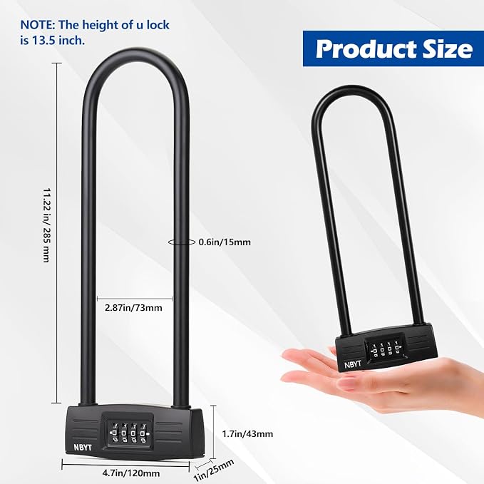 Bike Lock u Lock Combination,Resettable Code,Long Shackle,Heavy Duty Padlock for Bicycle, Scooter,Motorcycles, Metal Fence Gate,Pool Door,Anti Theft.