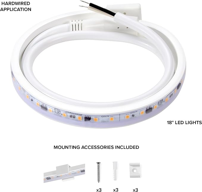 Maxxima 18 in. Hardwired LED Under Cabinet Strip Light, 690 Lumens, 3000K Warm White, Kitchen and Living Room 120V White Cove Lighting, No Power Supply Needed