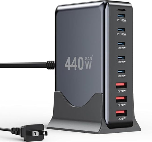 440W USB C Charger Block,8-Port USB C Charging Station GaN IV Travel Essentials Multiple Port Charging Station,65W Laptop Fast Charger Adapter for MacBook Pro/Air,DELL,iPad,iPhone,Samsung Galaxy