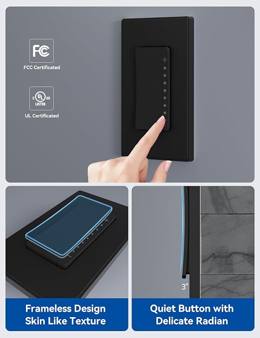 ELEGRP Single Pole Smart Dimmer Light Switch DPR10, 2.4GHz Wi-Fi Dimmer Switch Compatible with Alexa and Google Assistant, Needs Neutral Wire, No Hub Required, UL Listed, Matte Black, 4 Pack