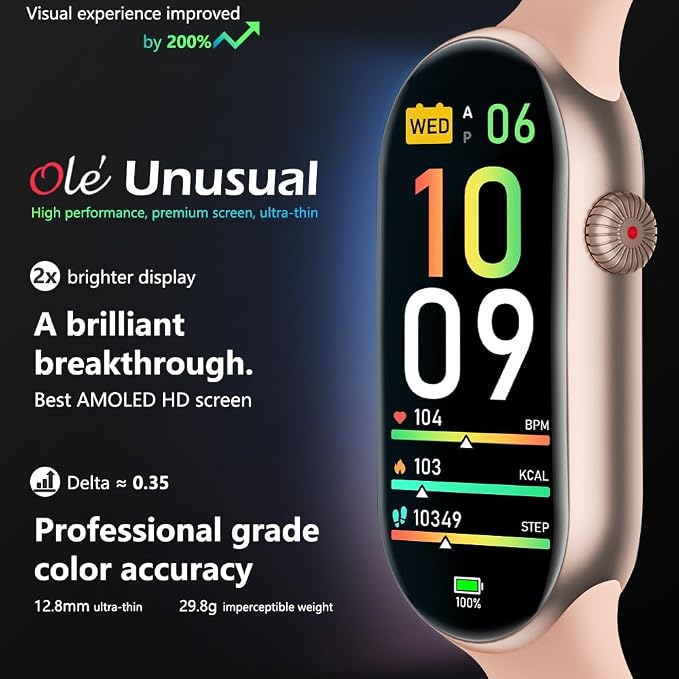 FITVII Slim Fitness Tracker AMOLED with Blood Oxygen, Blood Pressure, 24/7 Heart Rate and Sleep Tracking, IP68 Waterproof Activity Trackers and Smart Watches with Step Tracker, Pedometer for Women Men