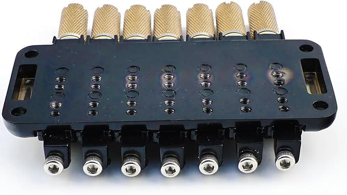 Headless 7-String Guitar Bridge 10.5mm Fixed Bridge -Brass Saddles Zinc Alloy Plate, Stable Intonation，Easy Installation/Adjustment, Fits Most 7-String Headless Guitars （Gold Tailpiece Nut）